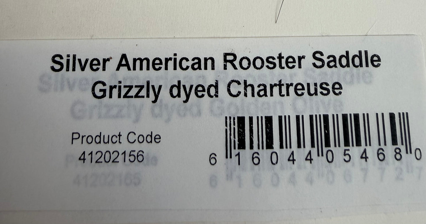 Whiting American Hackle Silver Grade Saddle Grizzly Dyed Chartreuse 569-SH-E-L