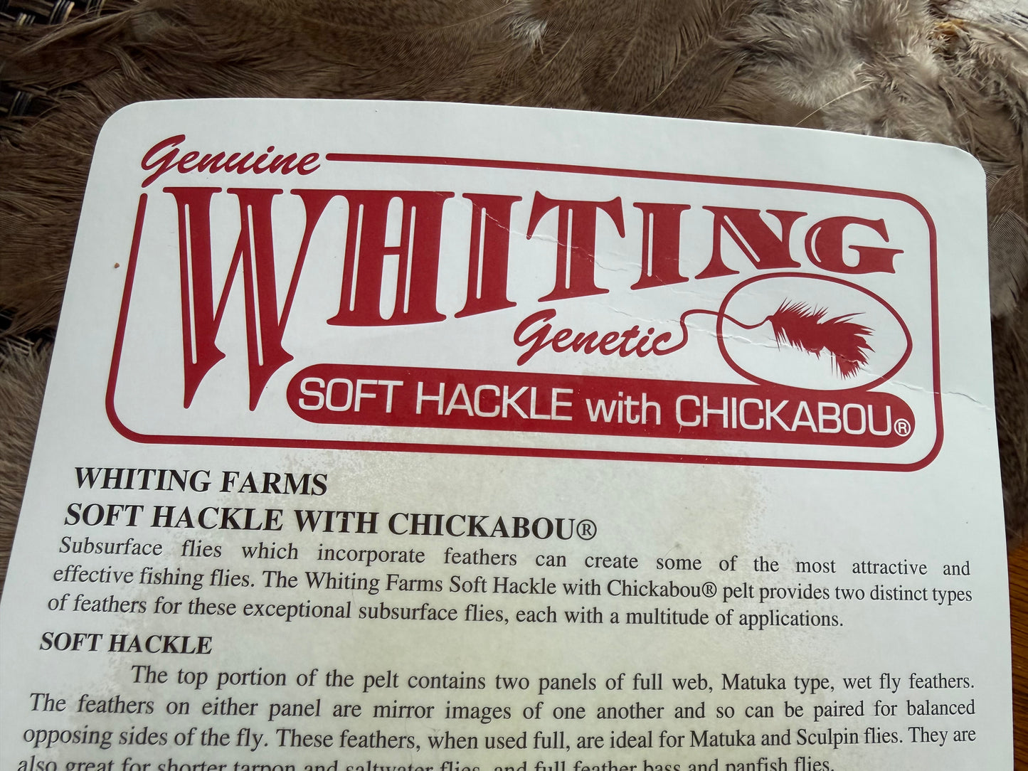 Whiting Brahma Hen Soft Hackle/Chickabou: Mottled White dyed Dark Brown 375-SH-E-L