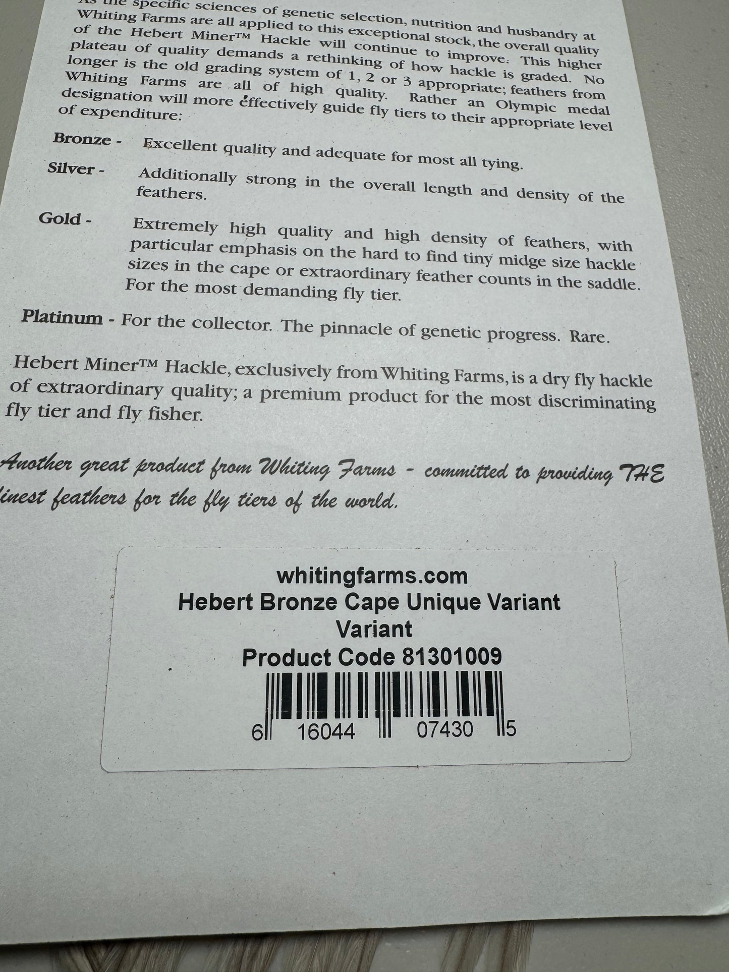 Whiting Farms Hebert Miner Bronze Cape: Unique Variant/Med Brown Dun Splash SH002