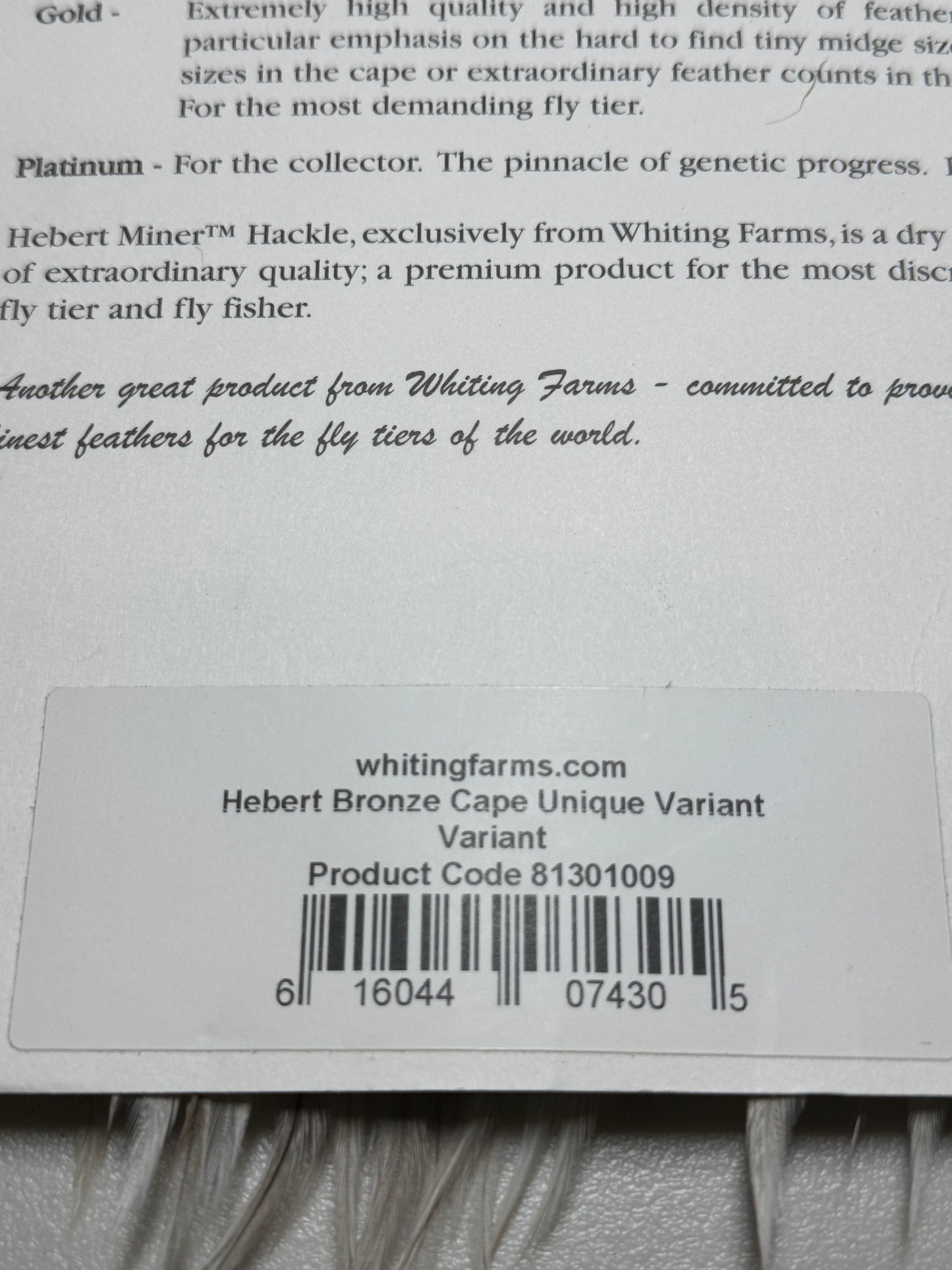 Whiting Farms Hebert Miner Bronze Cape: Unique Variant/ Med Brown Dun Splash SH003