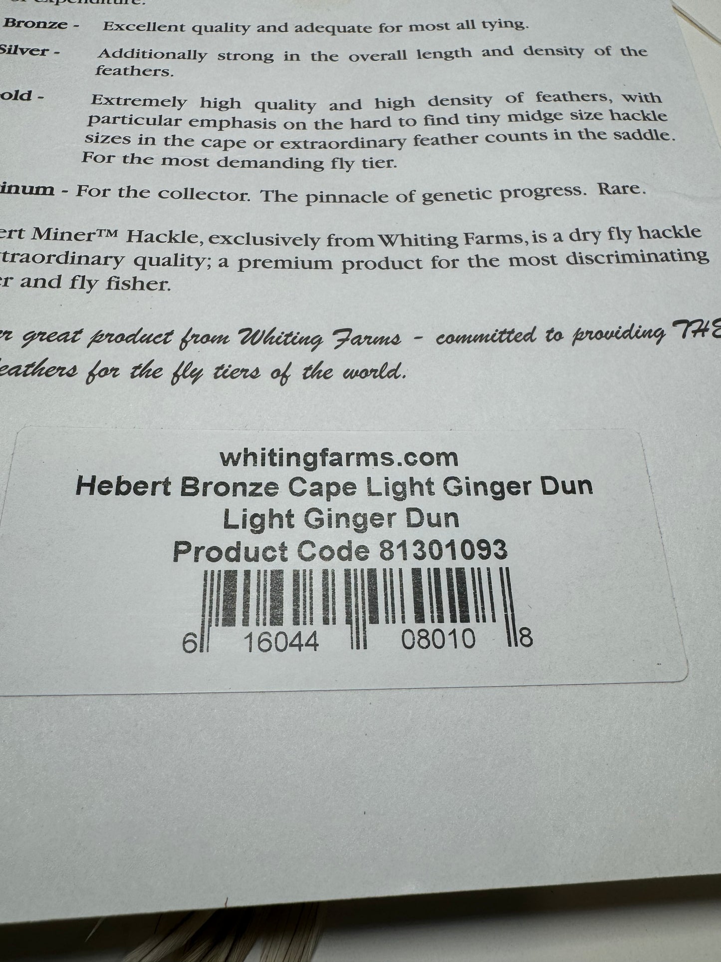 Whiting Farms Hebert Miner Bronze Cape: Light Ginger Dun SH011