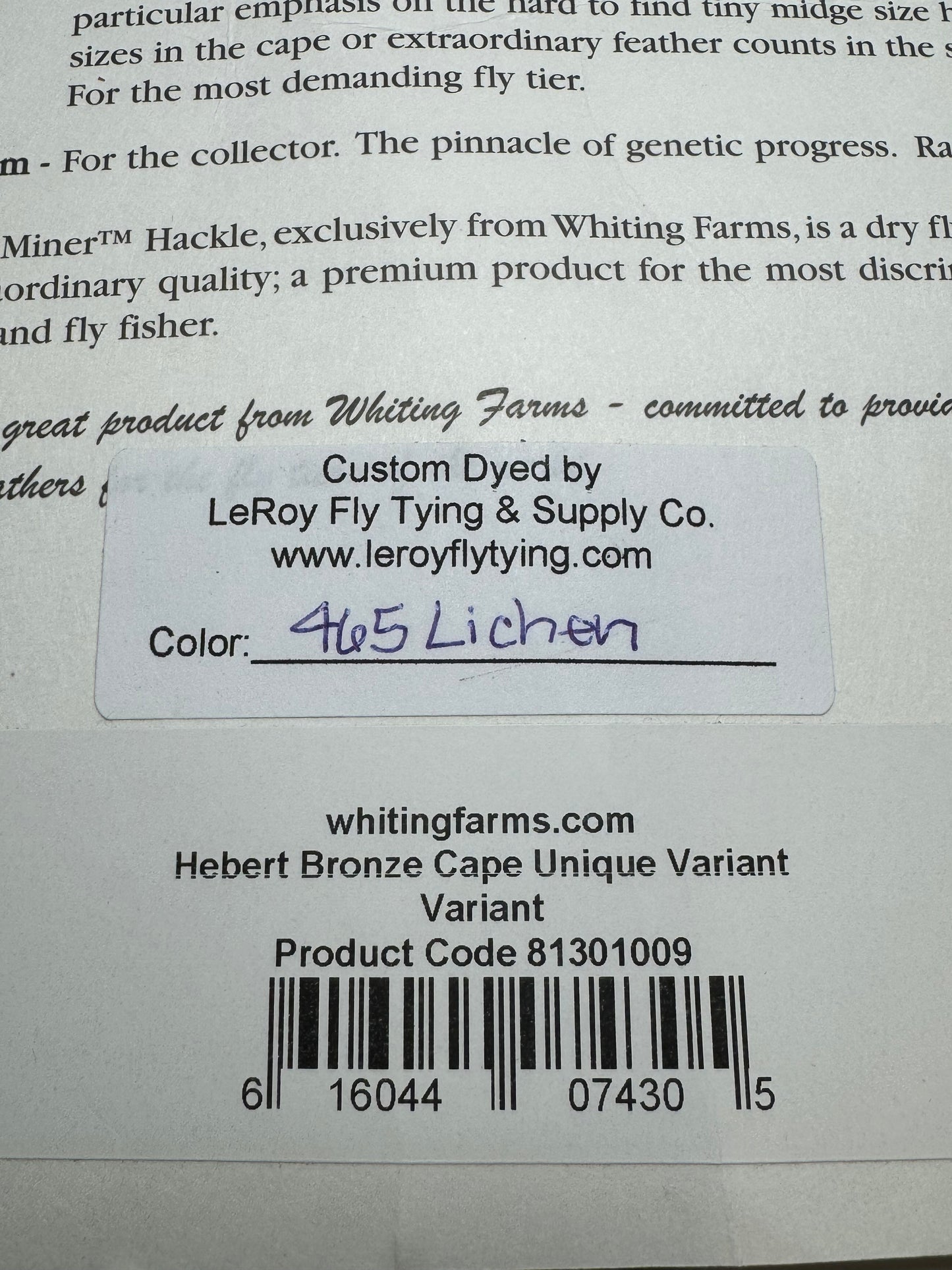 Whiting Farms Hebert Miner Bronze Cape: 465 Lichen Custom Dyed by LeRoy Fly Tying and Supply Co. Unique Variant- Close to Barred Ginger Dun SH014