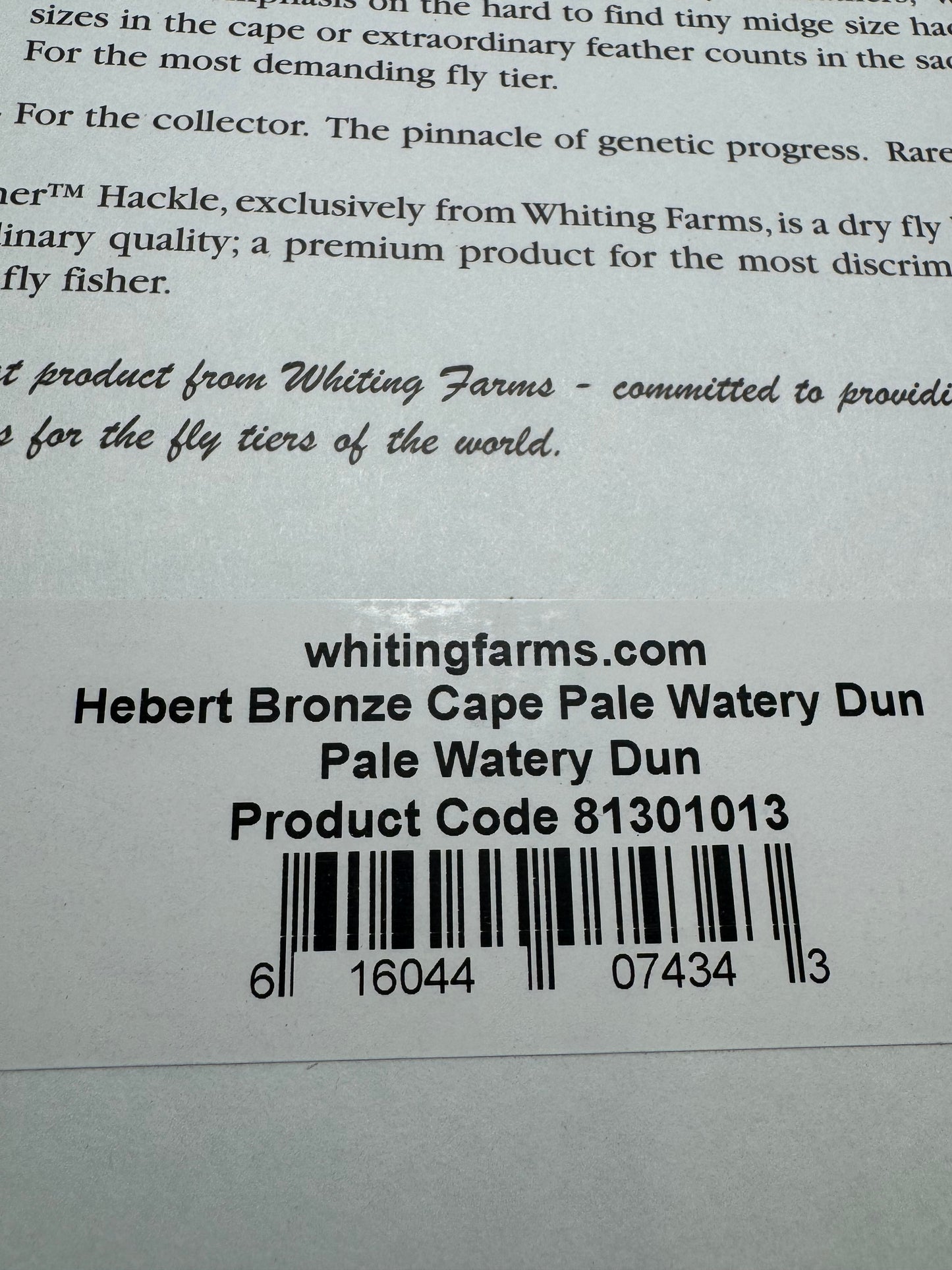 Whiting Farms Hebert Miner Bronze Cape: Pale Watery Dun SH025