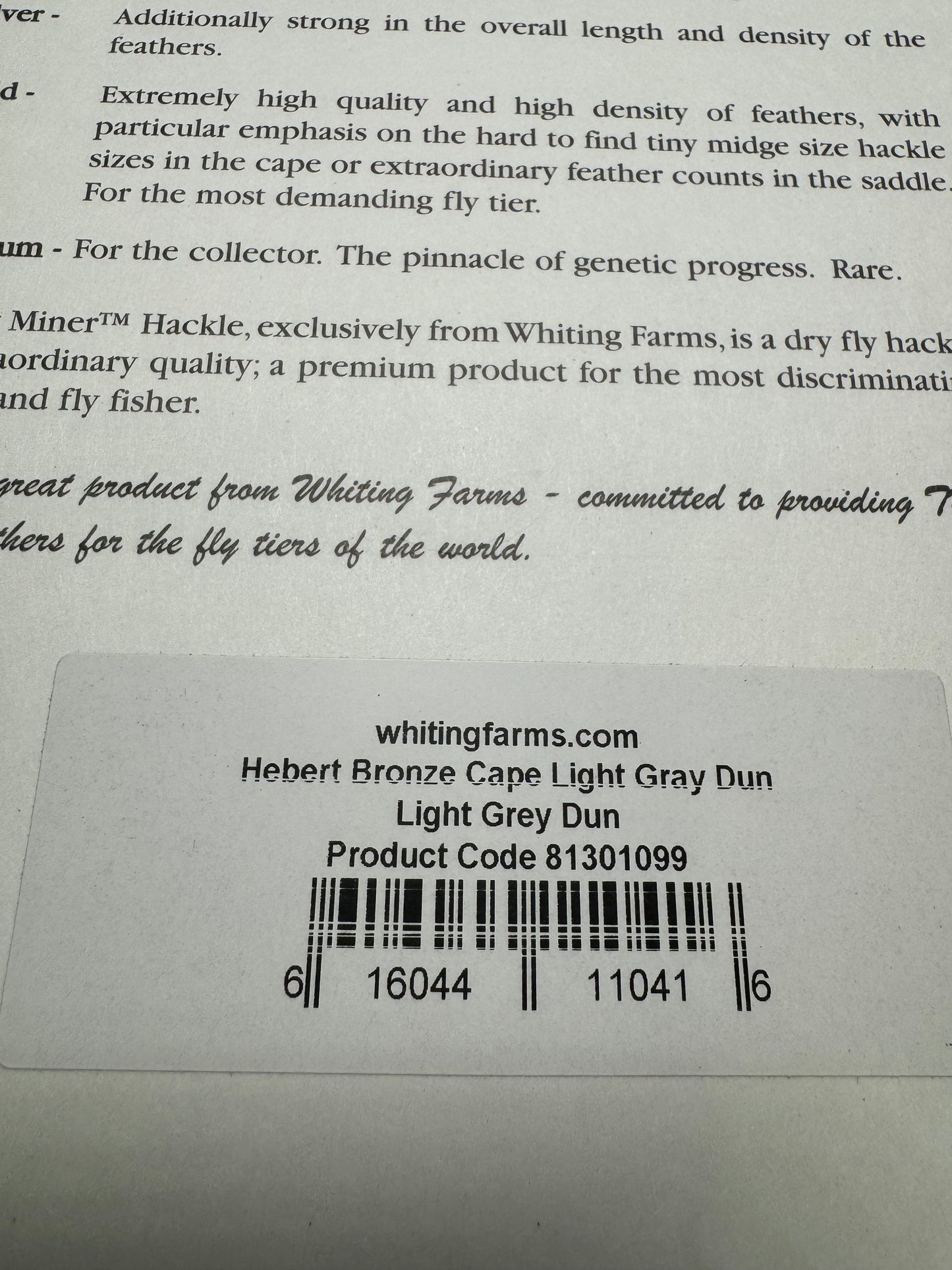 Whiting Farms Hebert Miner Bronze Cape: Light Grey Dun SH027