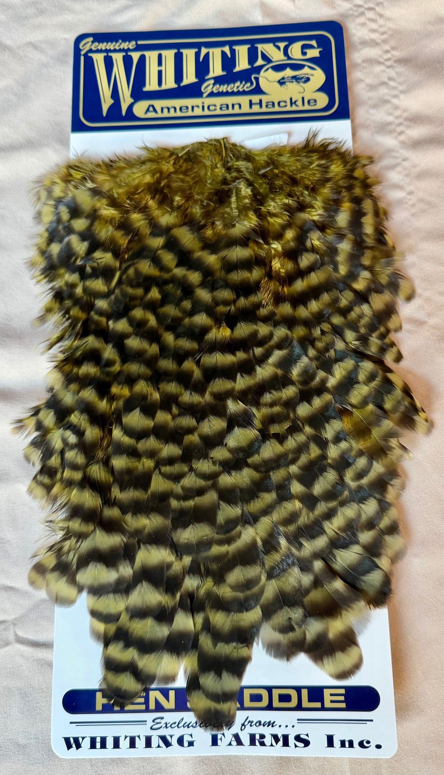 Whiting Farms American Hen Saddle Grizzly dyed Dark Olive 181-SH-E-L
