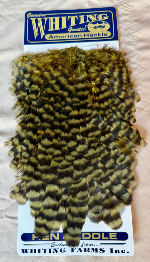 Whiting Farms American Hen Saddle Grizzly dyed Dark Olive 181-SH-E-L