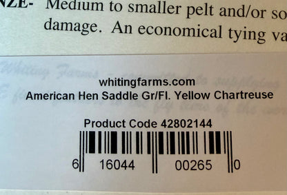 Whiting Farms American Hen Saddle Grizzly Fluor. Yellow Chartreuse 178-SH-E-L