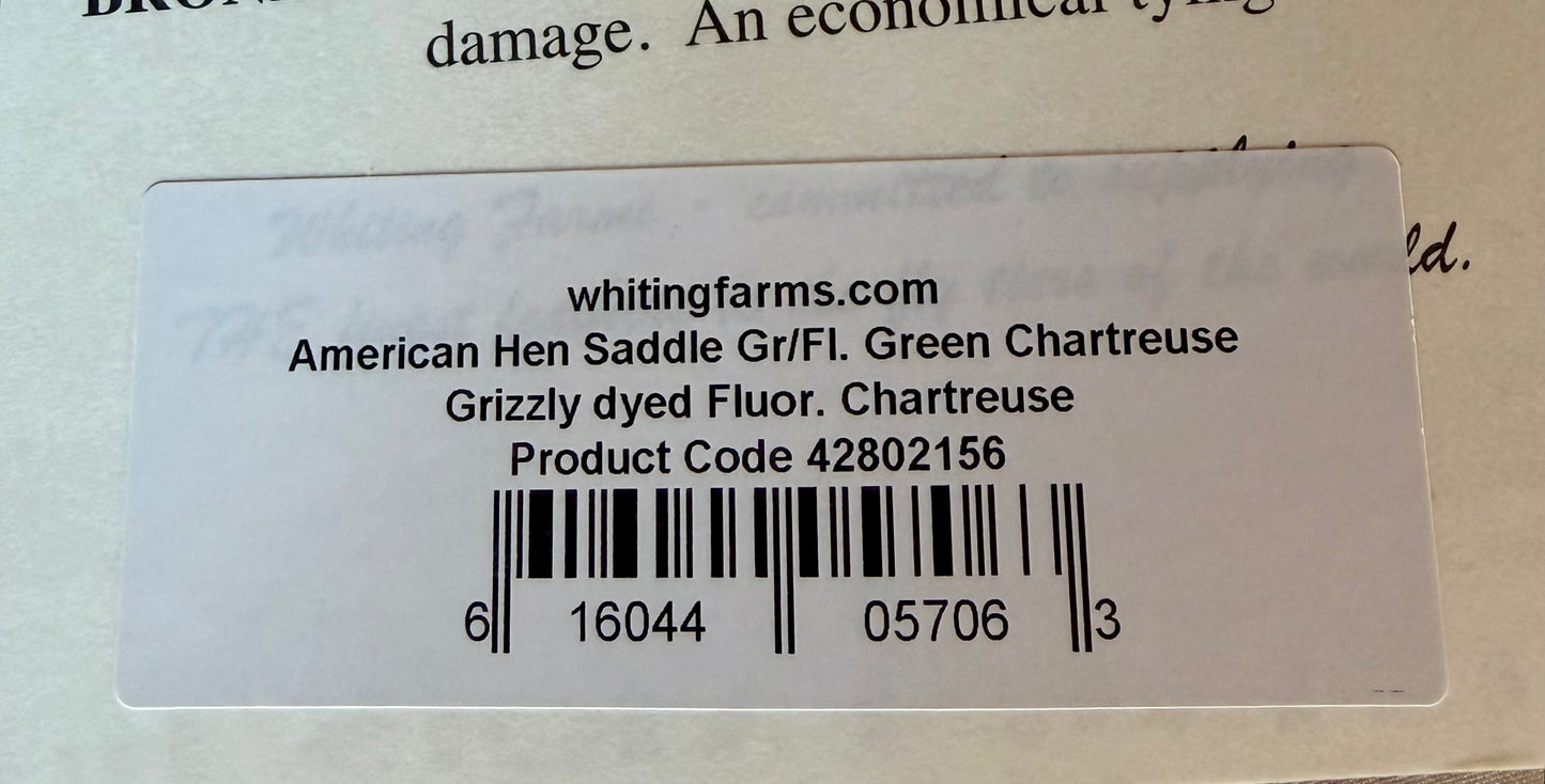 Whiting Farms American Hen Saddle Grizzly dyed Fluor. Green Chartreuse 179-SH-E-L