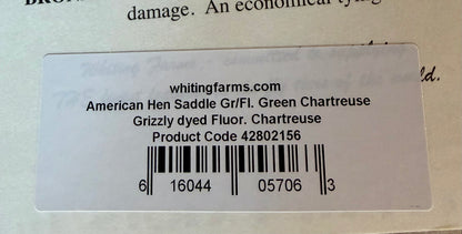 Whiting Farms American Hen Saddle Grizzly dyed Fluor. Green Chartreuse 179-SH-E-L