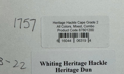 Whiting Farms Heritage Hackle Rooster Cape- Grade 2- Heritage Dun SH-E-073