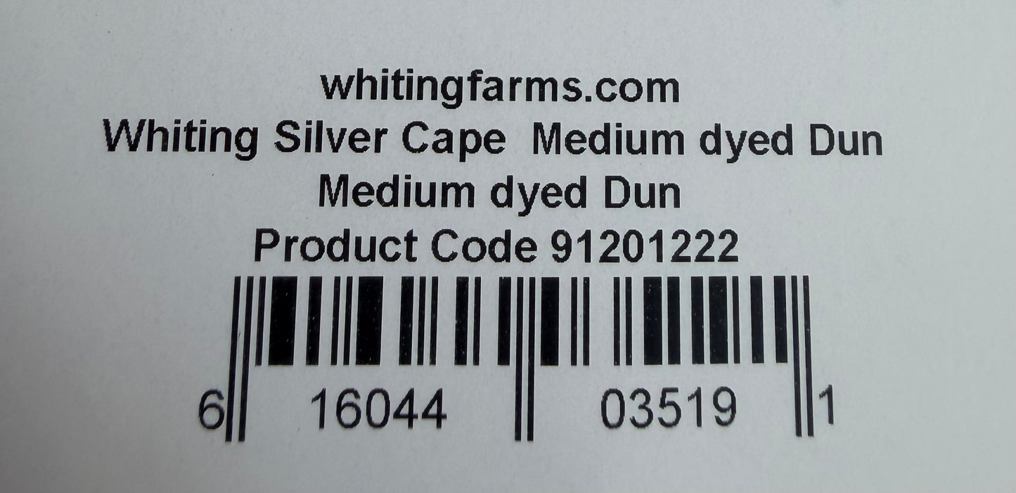Whiting Farms Silver Grade Rooster Cape Medium Dyed Dun 770-SH-E-L