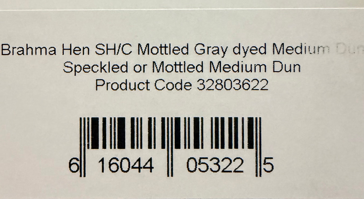Whiting Farms Soft Hackle Brahma Hen Chickabou Pelt Mottled Gray dyed Medium Dun 204-SH-E-L