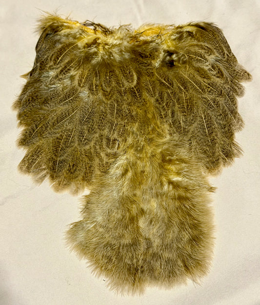 Whiting Farms Soft Hackle Brahma Hen Chickabou Pelt Mottled Gray dyed Golden Straw 206-SH-E-L