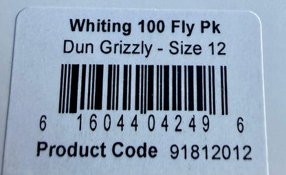 Whiting Dry Fly Hackle 100’s Size 12 Dun Grizzly 822-SH-E-L
