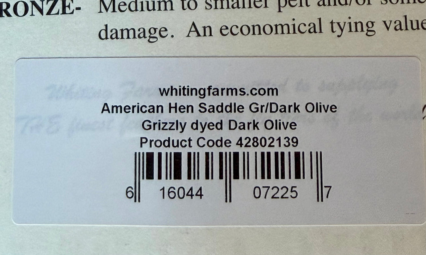 Whiting Farms American Hen Saddle Grizzly dyed Dark Olive 181-SH-E-L