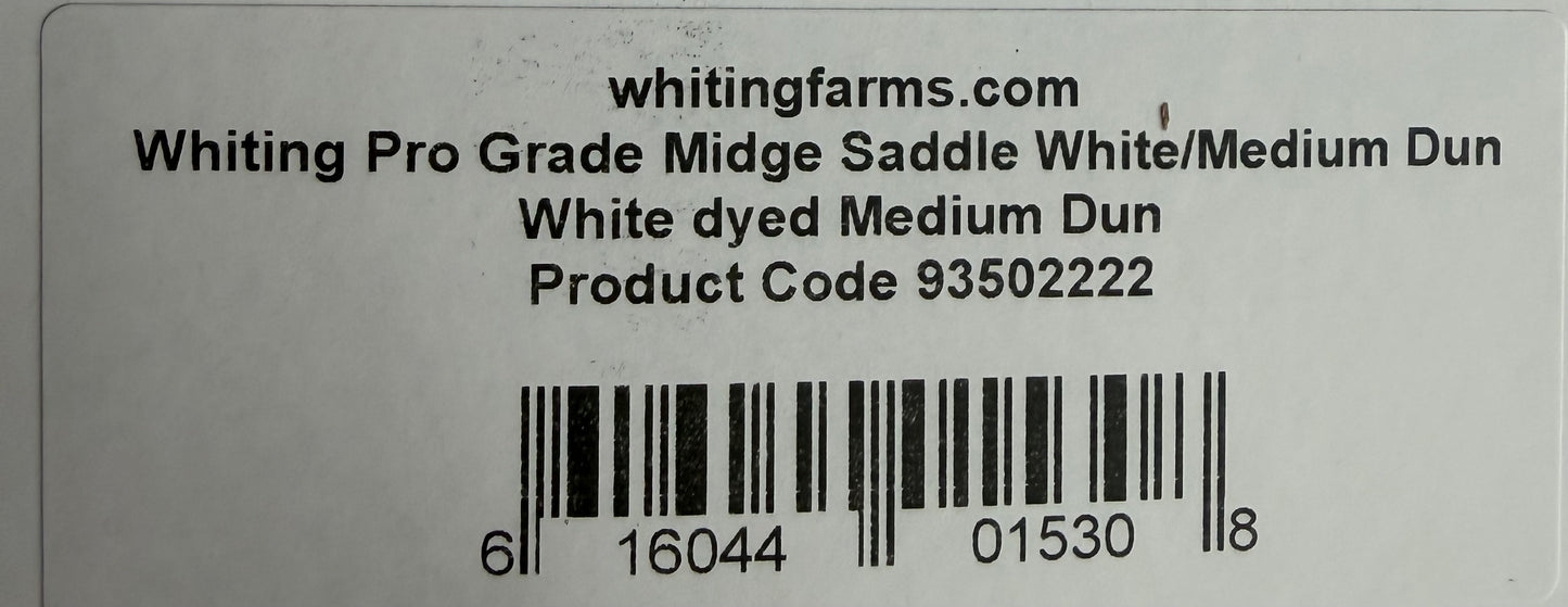 Whiting Pro Grade Midge Rooster Saddle White Dyed Medium Dun 765-SH-E-L