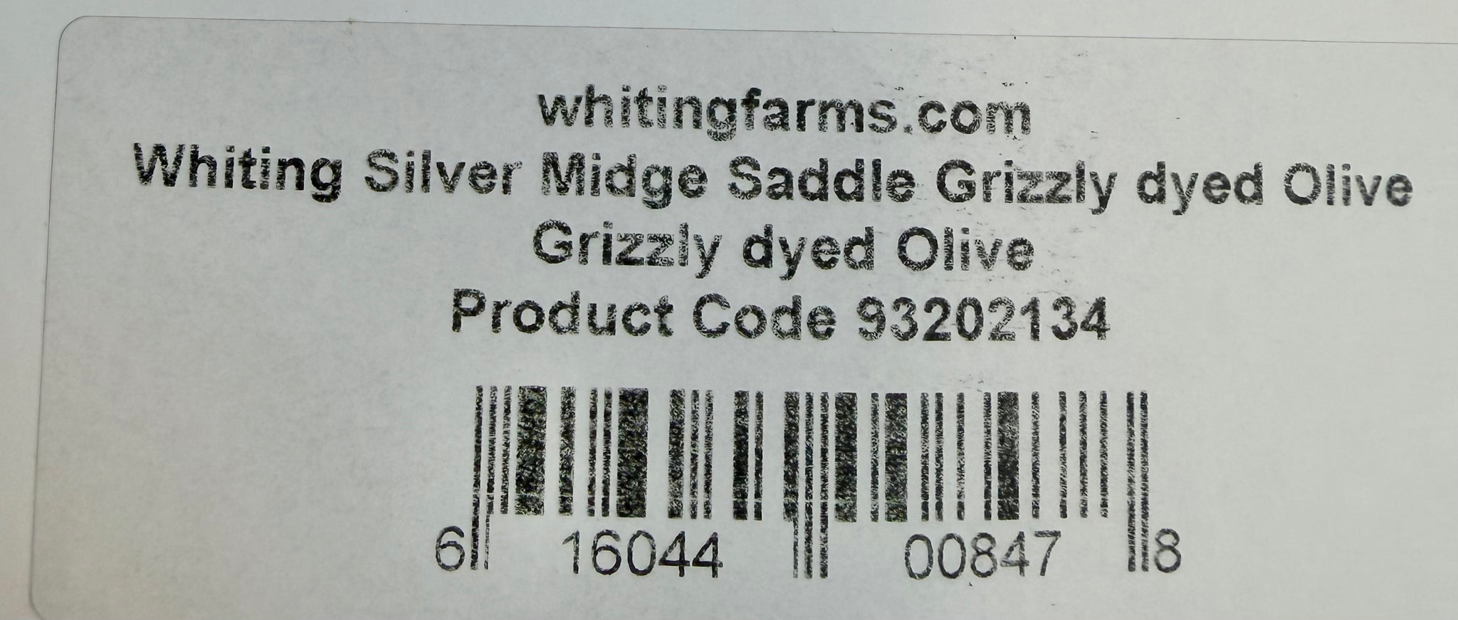 Whiting Farms Silver Midge Rooster Saddle Grizzly dyed Olive 791-SH-E-L