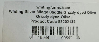 Whiting Farms Silver Midge Rooster Saddle Grizzly dyed Olive 791-SH-E-L