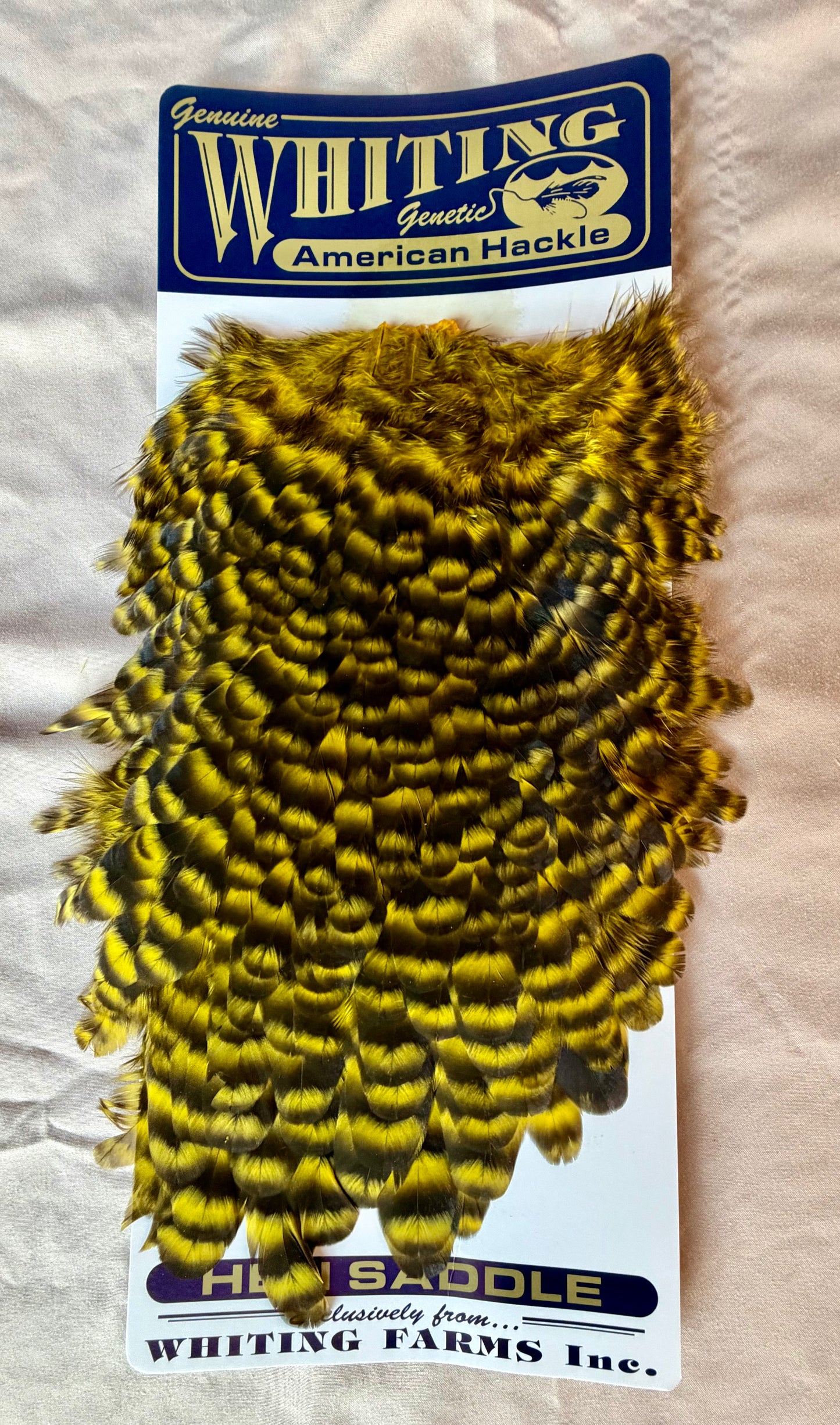 Whiting Farms American Hen Saddle Grizzly dyed Yellow 180-SH-E-L