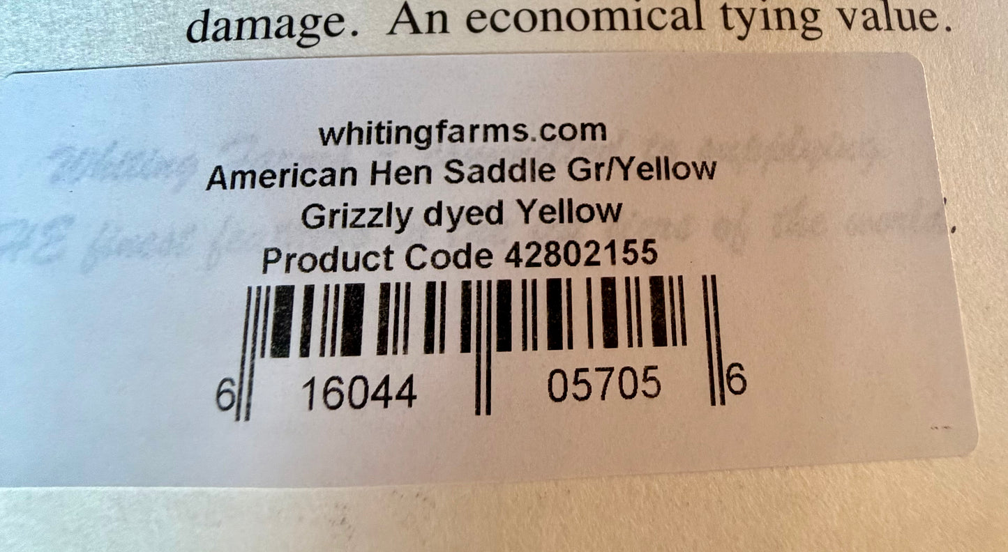 Whiting Farms American Hen Saddle Grizzly dyed Yellow 180-SH-E-L