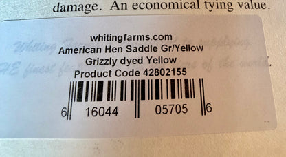 Whiting Farms American Hen Saddle Grizzly dyed Yellow 180-SH-E-L