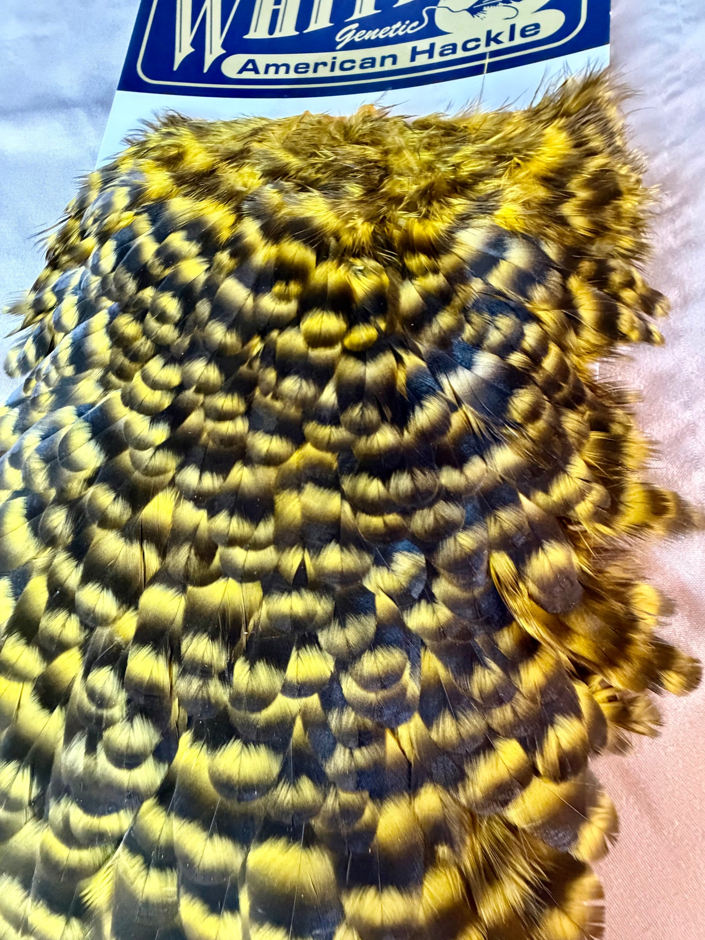 Whiting Farms American Hen Saddle Grizzly dyed Yellow 180-SH-E-L