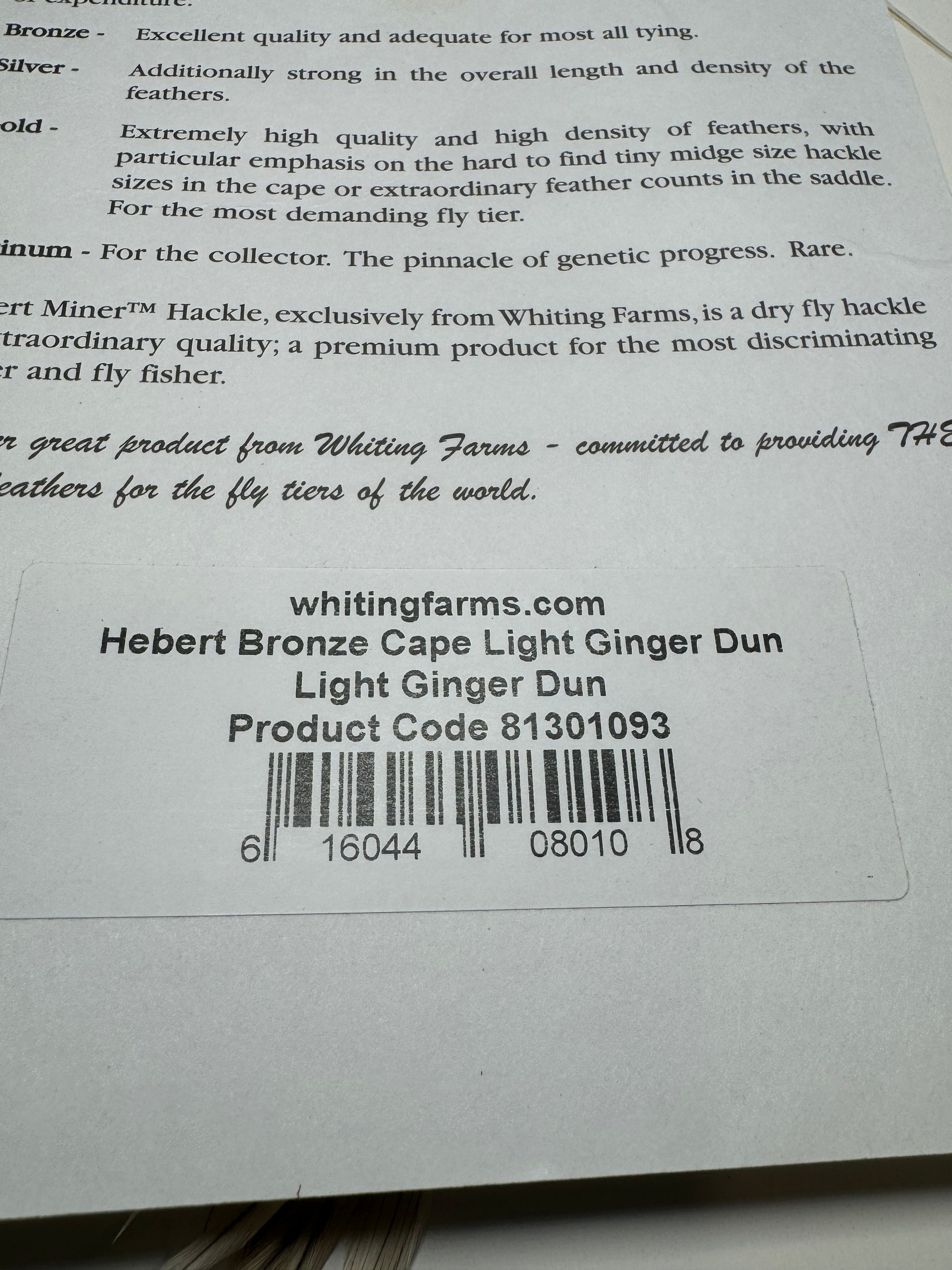 Whiting Farms Hebert Miner Bronze Cape: Light Ginger Dun SH011