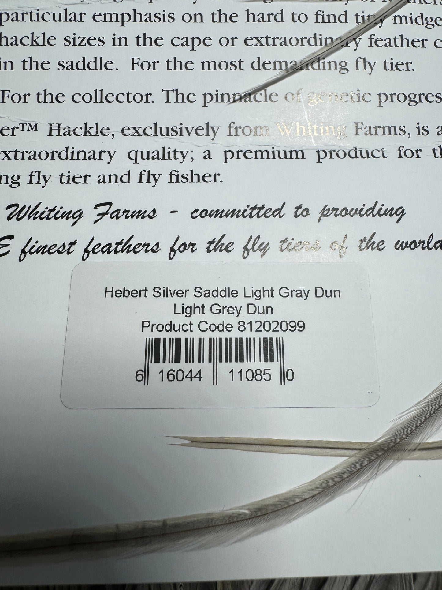 Whiting Farms Hebert Miner SILVER Saddle Hackle: Light Grey Dun SH-E-056