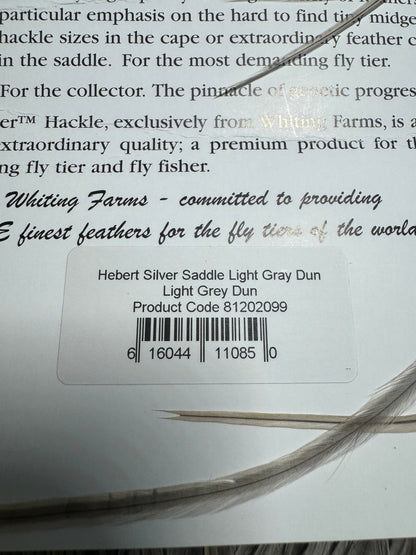 Whiting Farms Hebert Miner SILVER Saddle Hackle: Light Grey Dun SH-E-056