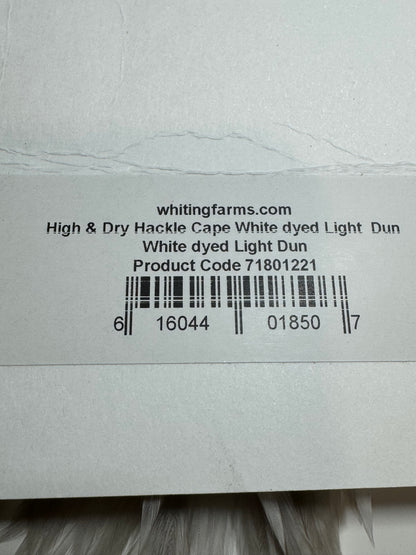 Whiting Farms High and Dry Hackle Rooster Cape: White Dyed Light Dun SH-E-095