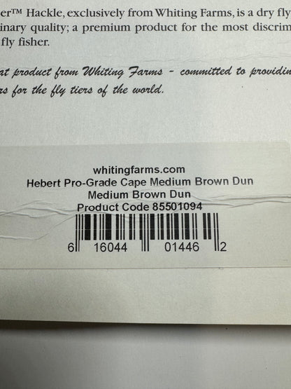 Whiting Farms Hebert Miner Pro Grade Cape Hackle: Medium Brown Dun SH-E-099