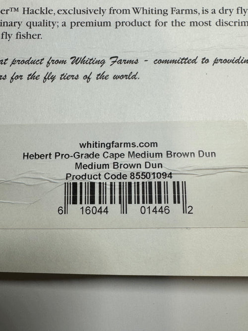 Whiting Farms Hebert Miner Pro Grade Cape Hackle: Medium Brown Dun SH-E-099